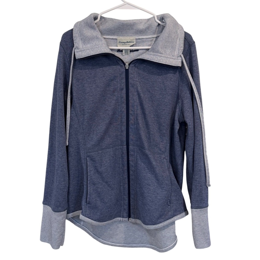 Tommy Bahama‎ Womens Reversible Full Zip Sweatshirt Blue Striped Funnel Large